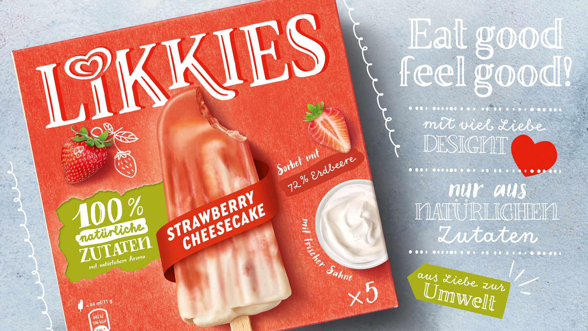 Likkies Strawberry Cheesecake: Eisgenuss mit 100 % natürlichen Zutaten, 72 % Erdbeere & frischer Sahne.