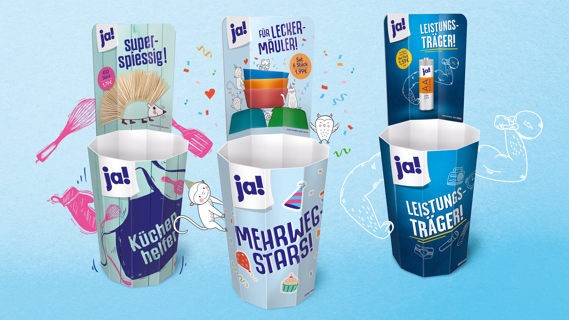 Farbenfrohe ja! Verkaufsdisplays für Küchenhelfer, Mehrwegbecher und Batterien mit humorvollen Claims.